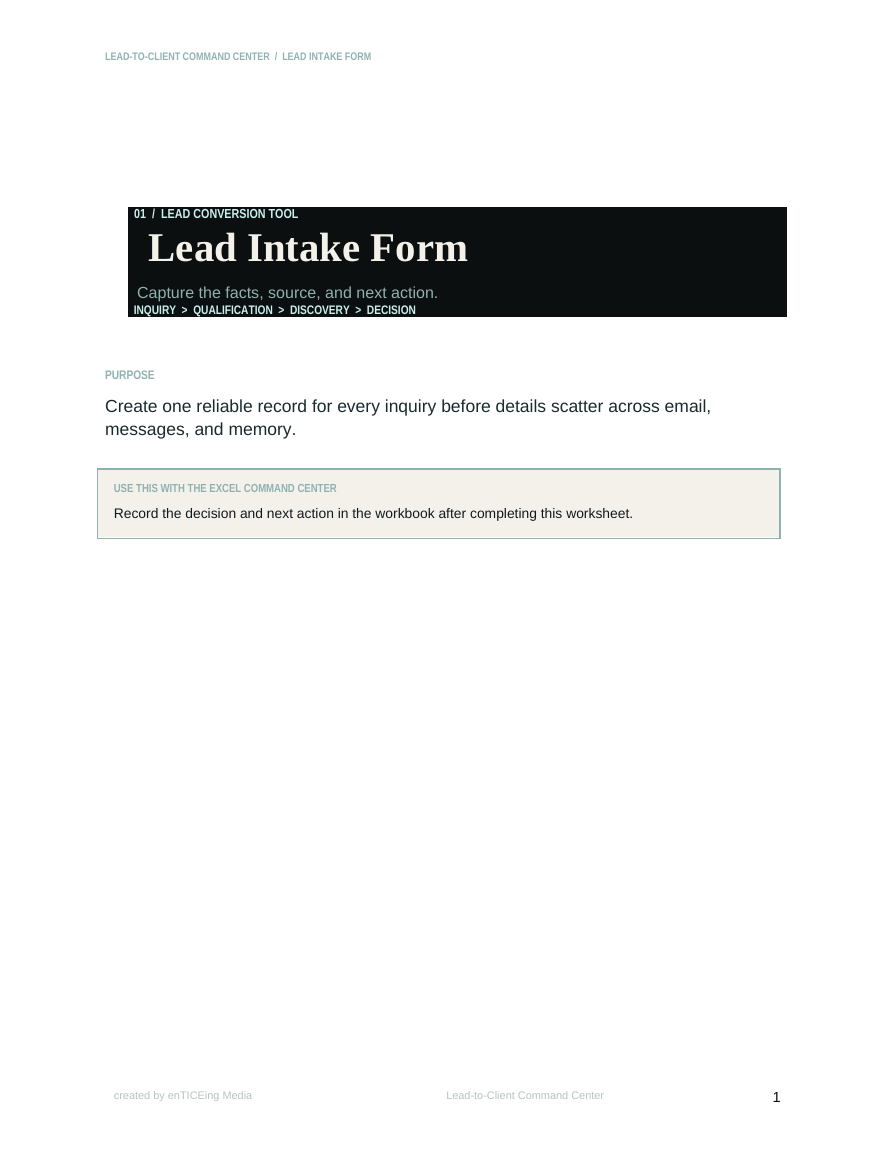 Lead Intake Form included in the Lead-to-Client Command Center
